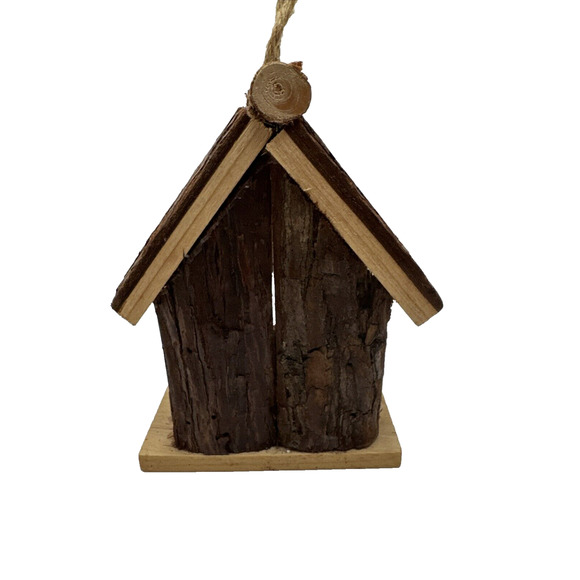 Rustic Farmhouse Cabin Wooden Bird House - Wood Bark Hanging Perch - Picture 5 of 6